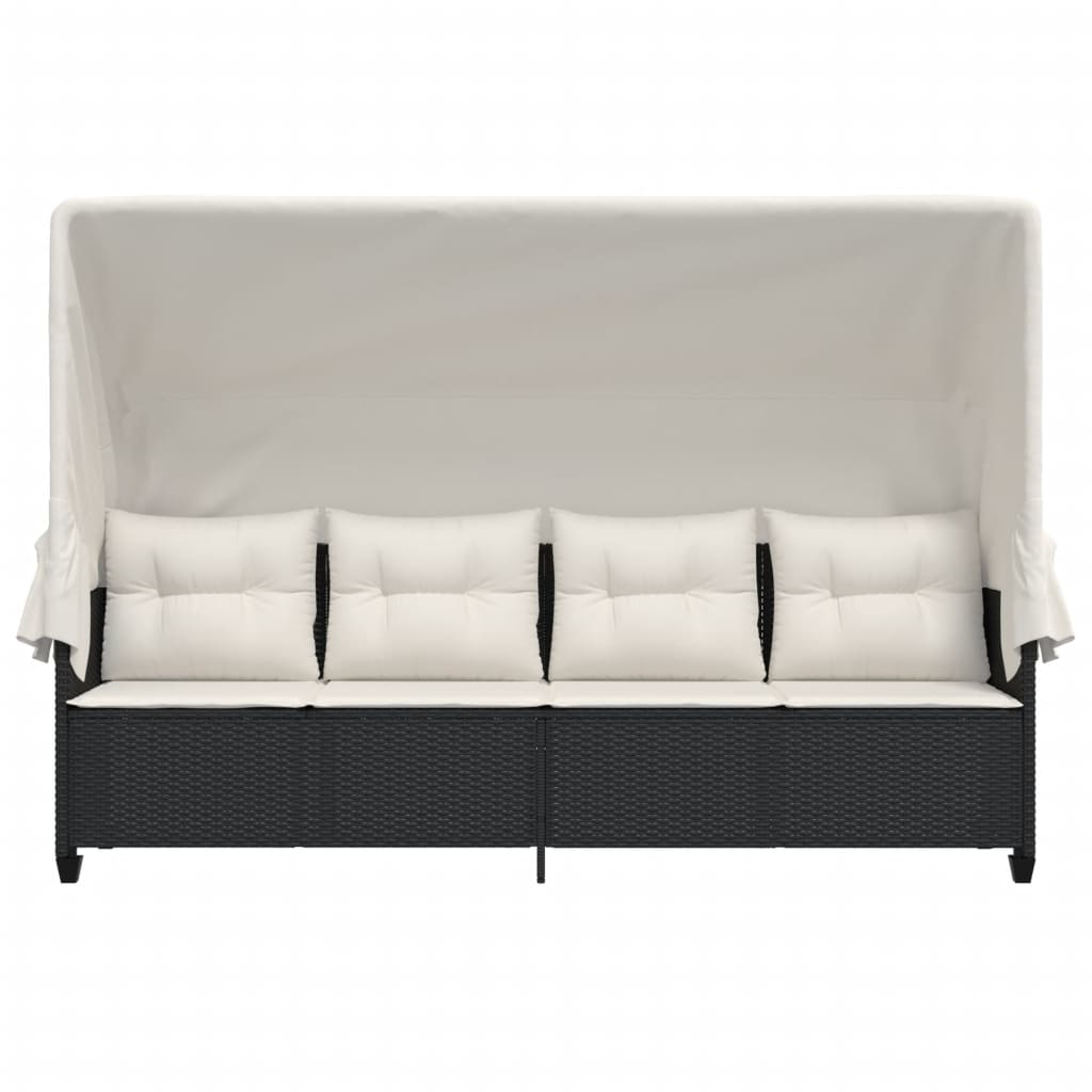 Chaise longue avec auvent et coussins noir résine tressée