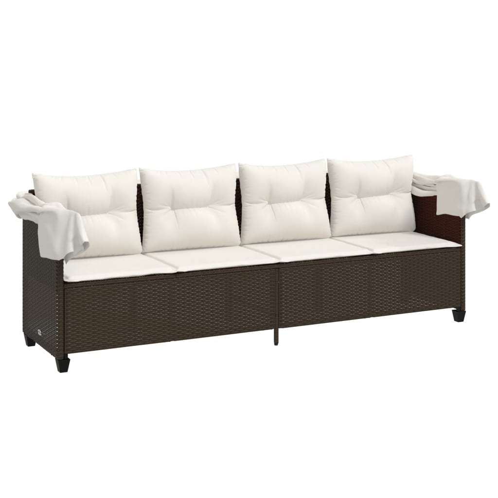 Chaise longue avec auvent et coussins marron résine tressée