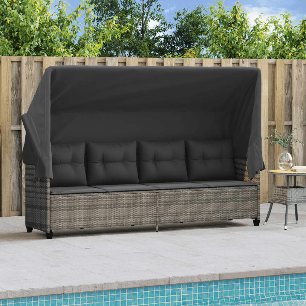 Chaise longue avec auvent et coussins gris résine tressée