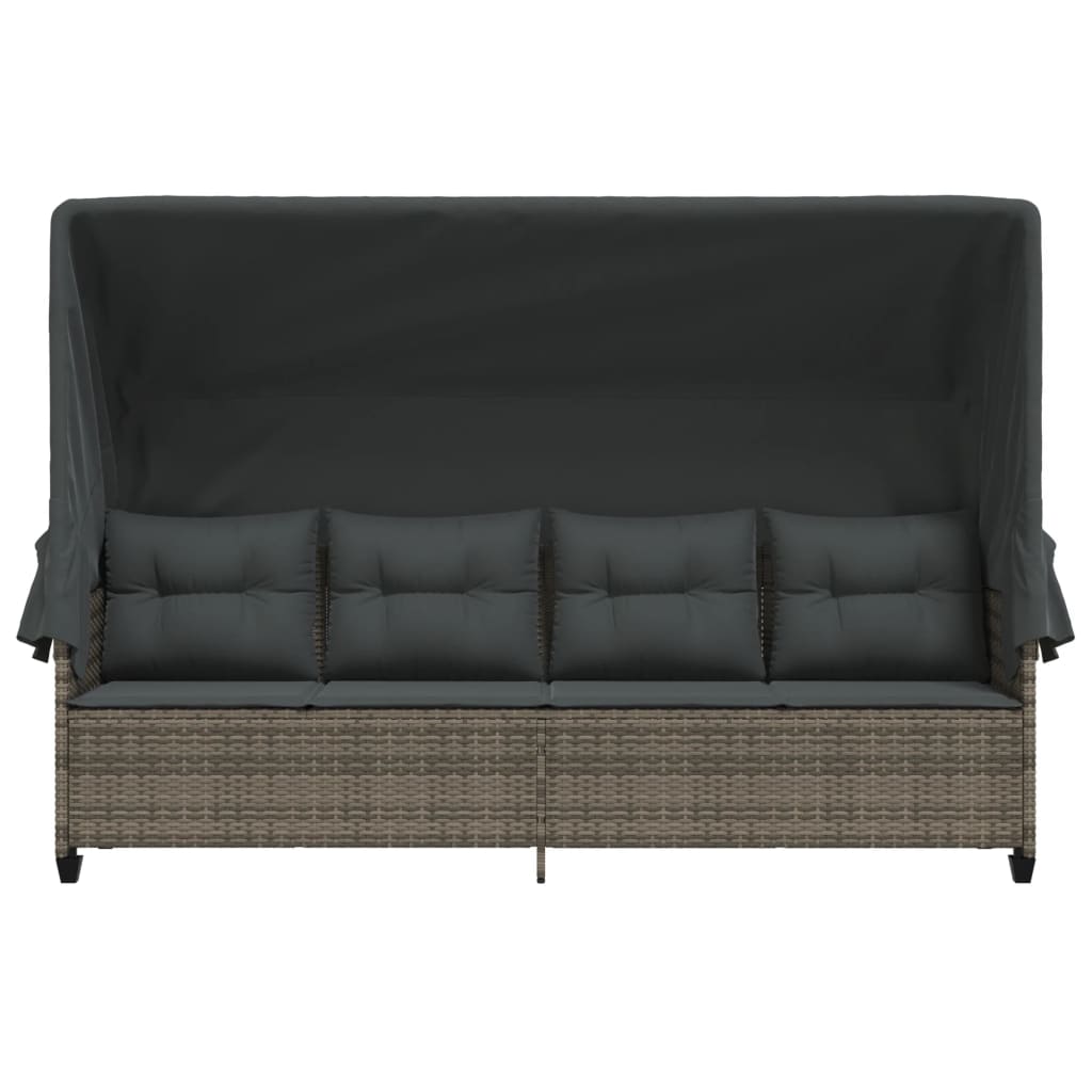 Chaise longue avec auvent et coussins gris résine tressée