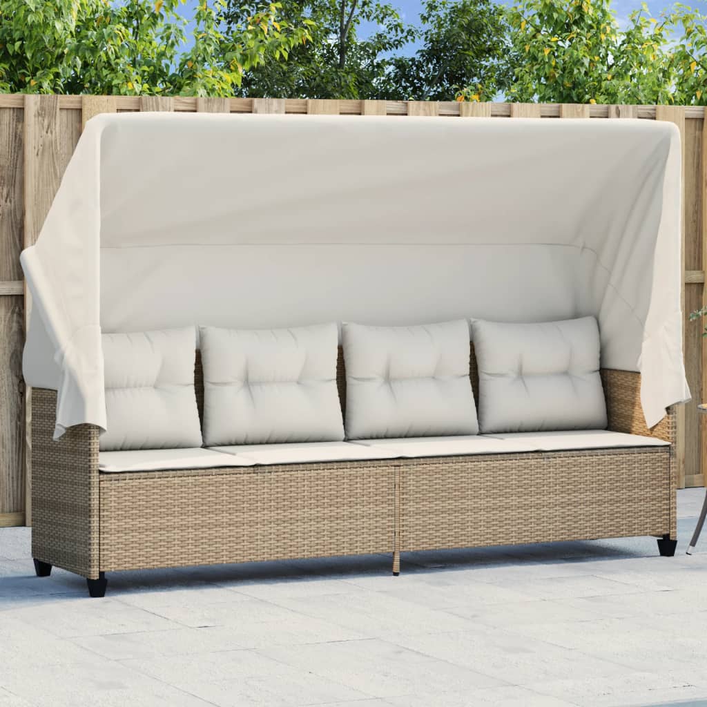 Chaise longue avec auvent et coussins beige résine tressée