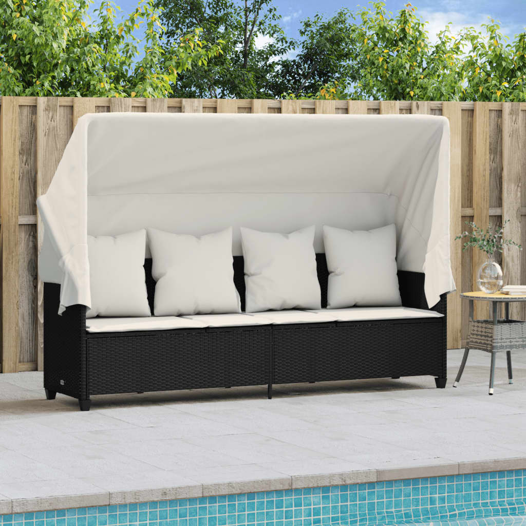 Chaise longue avec auvent et coussins noir résine tressée