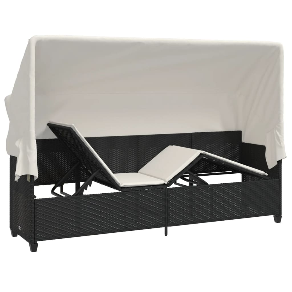 Chaise longue avec auvent et coussins noir résine tressée