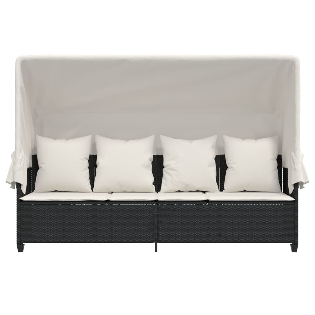 Chaise longue avec auvent et coussins noir résine tressée