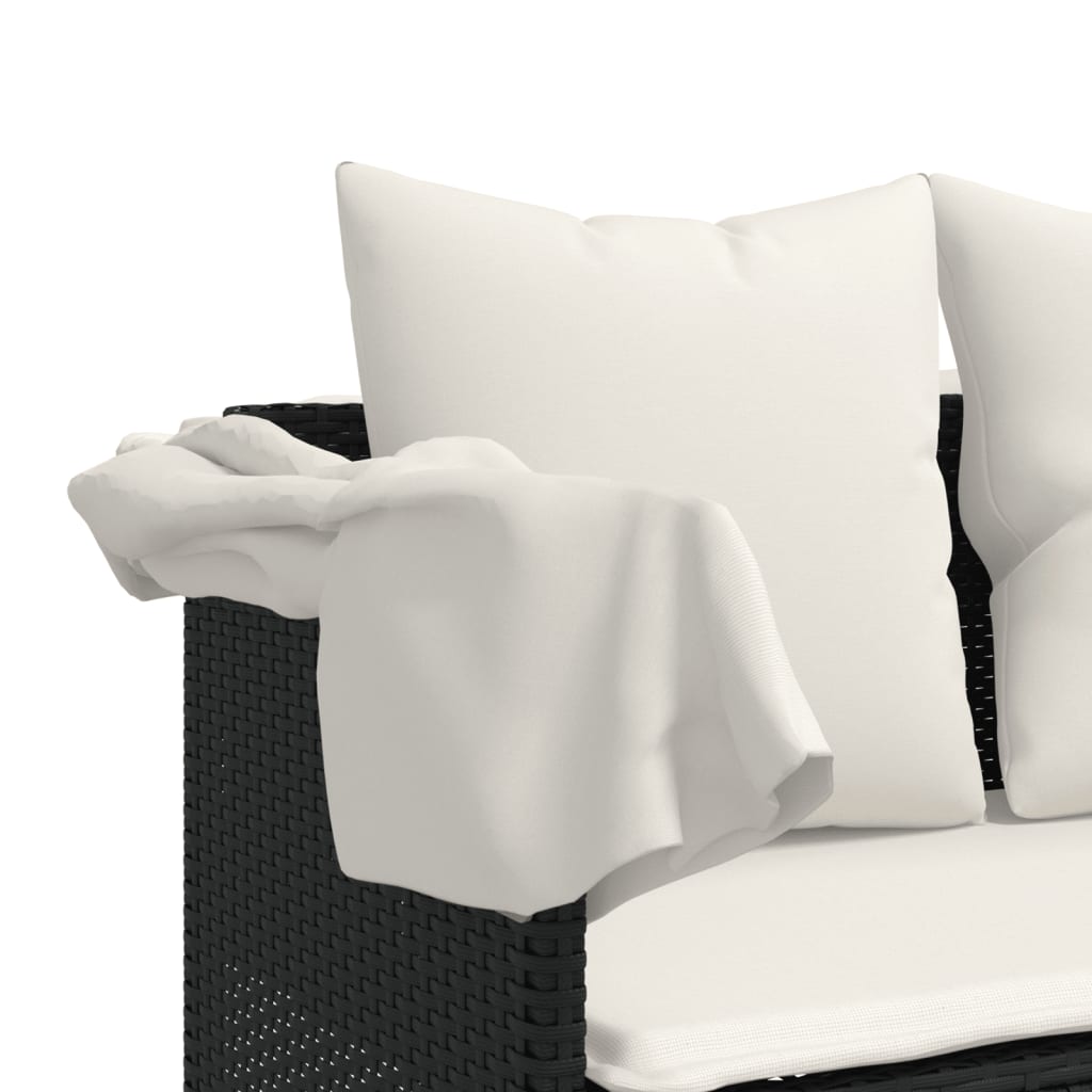 Chaise longue avec auvent et coussins noir résine tressée