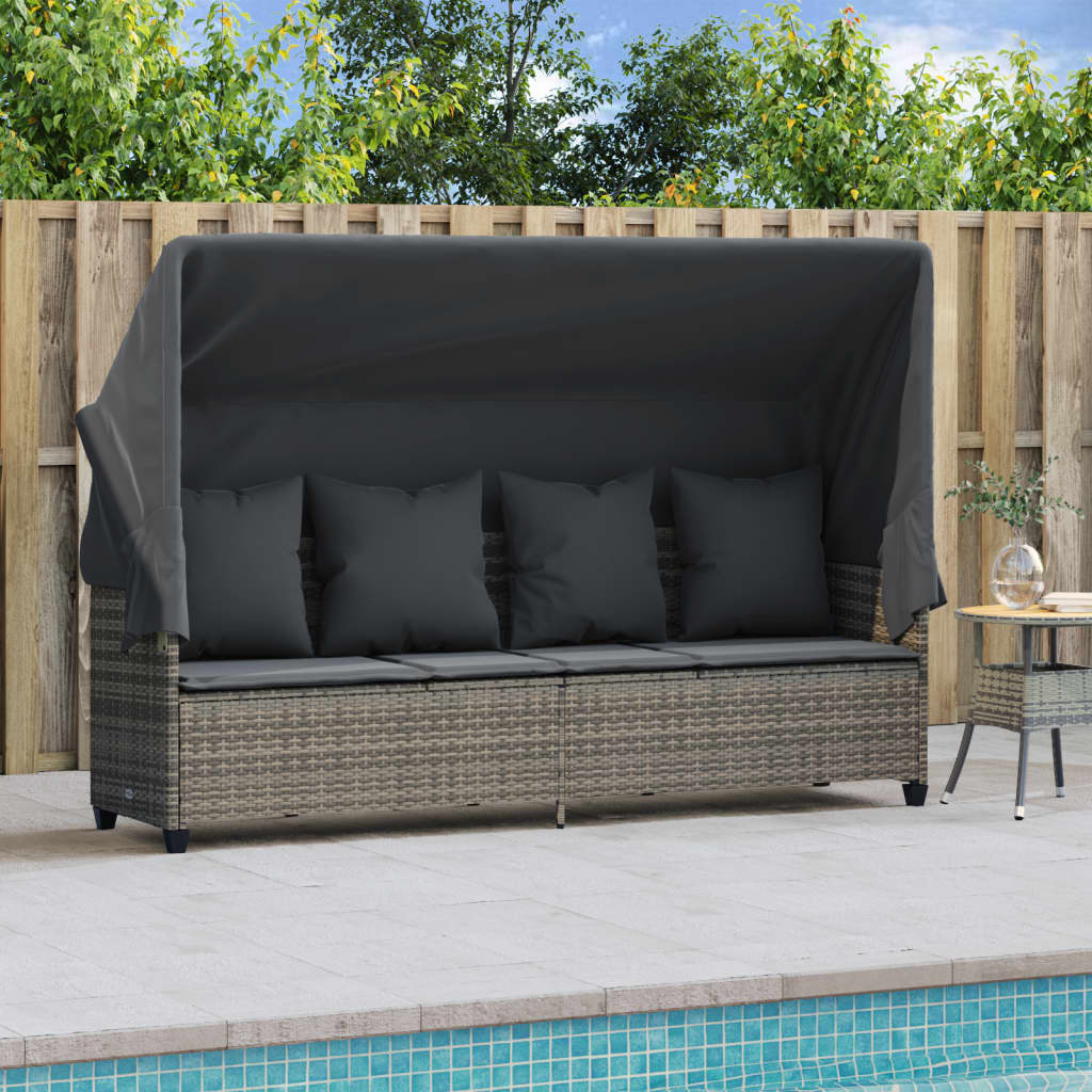 Chaise longue avec auvent et coussins gris résine tressée