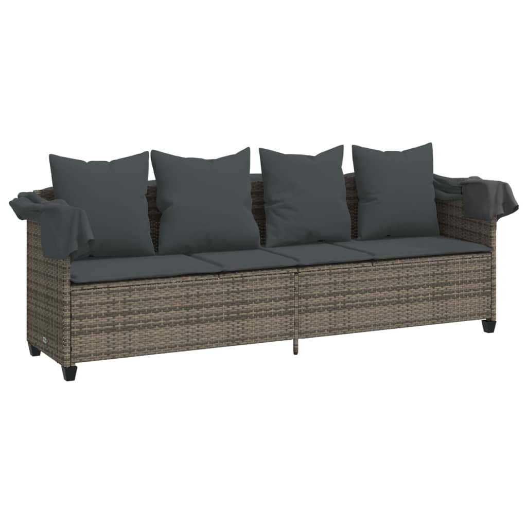 Chaise longue avec auvent et coussins gris résine tressée