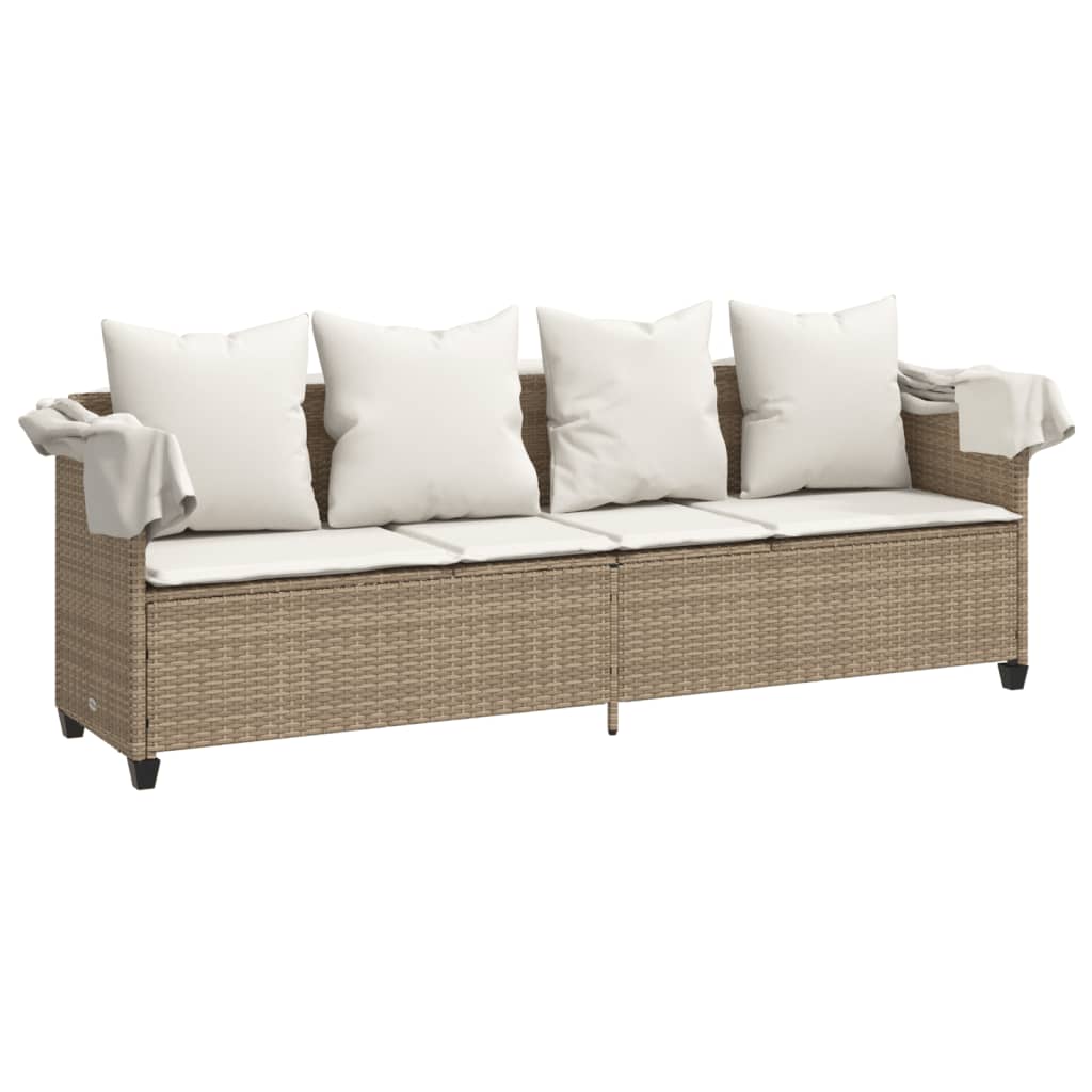 Chaise longue avec auvent et coussins beige résine tressée