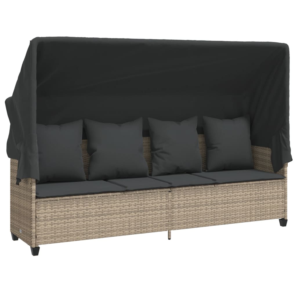 Chaise longue avec auvent et coussins gris clair résine tressée