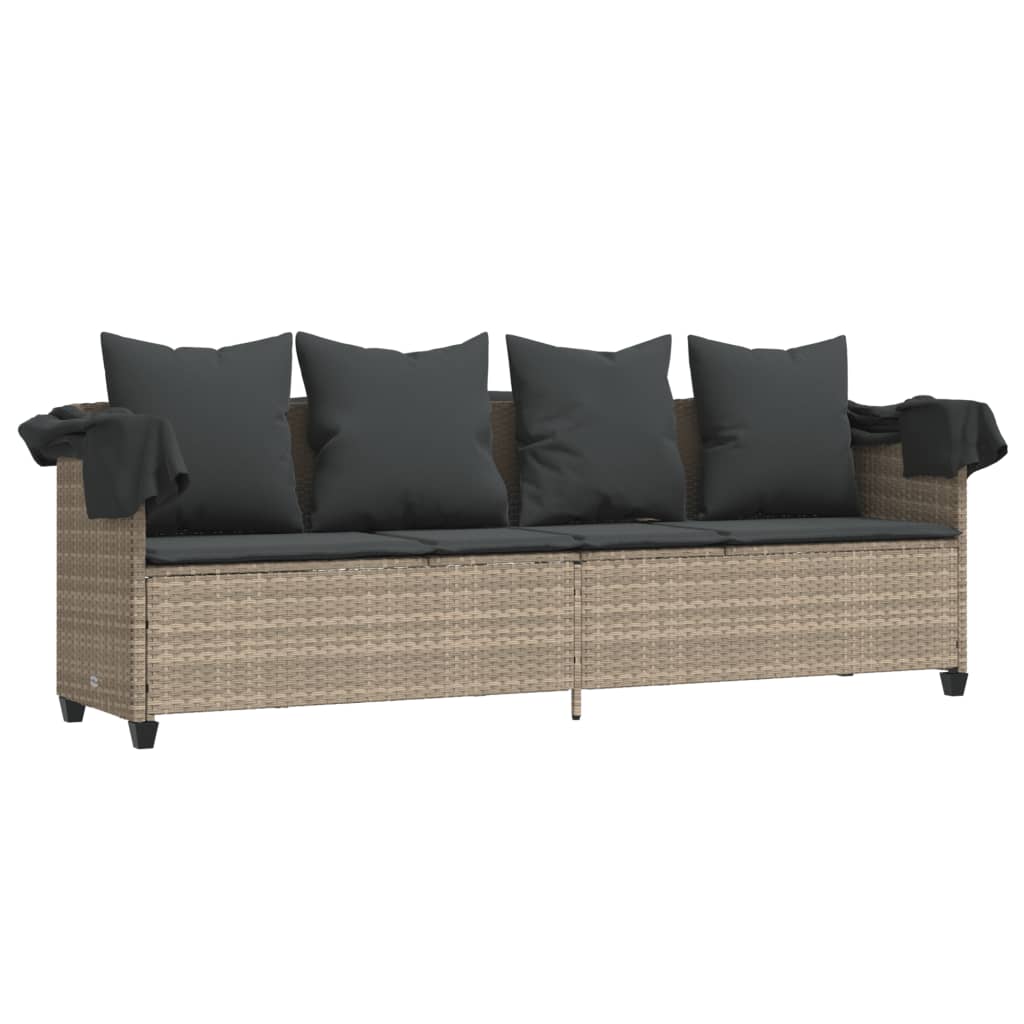Chaise longue avec auvent et coussins gris clair résine tressée