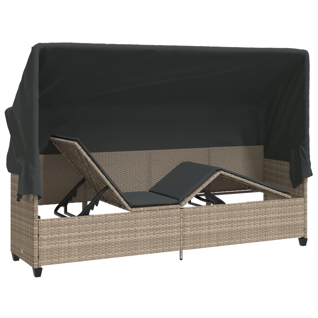 Chaise longue avec auvent et coussins gris clair résine tressée