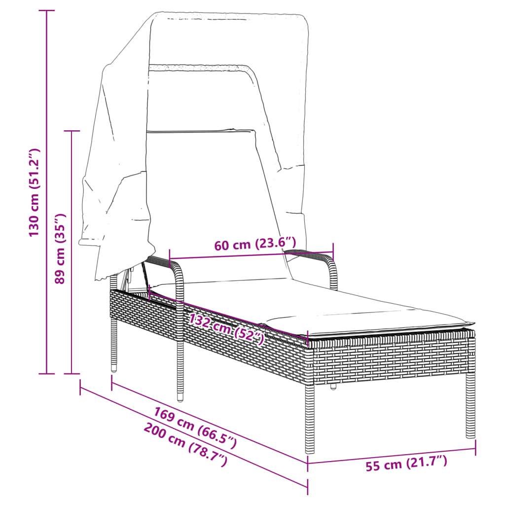 Chaise longue avec auvent gris résine tressée