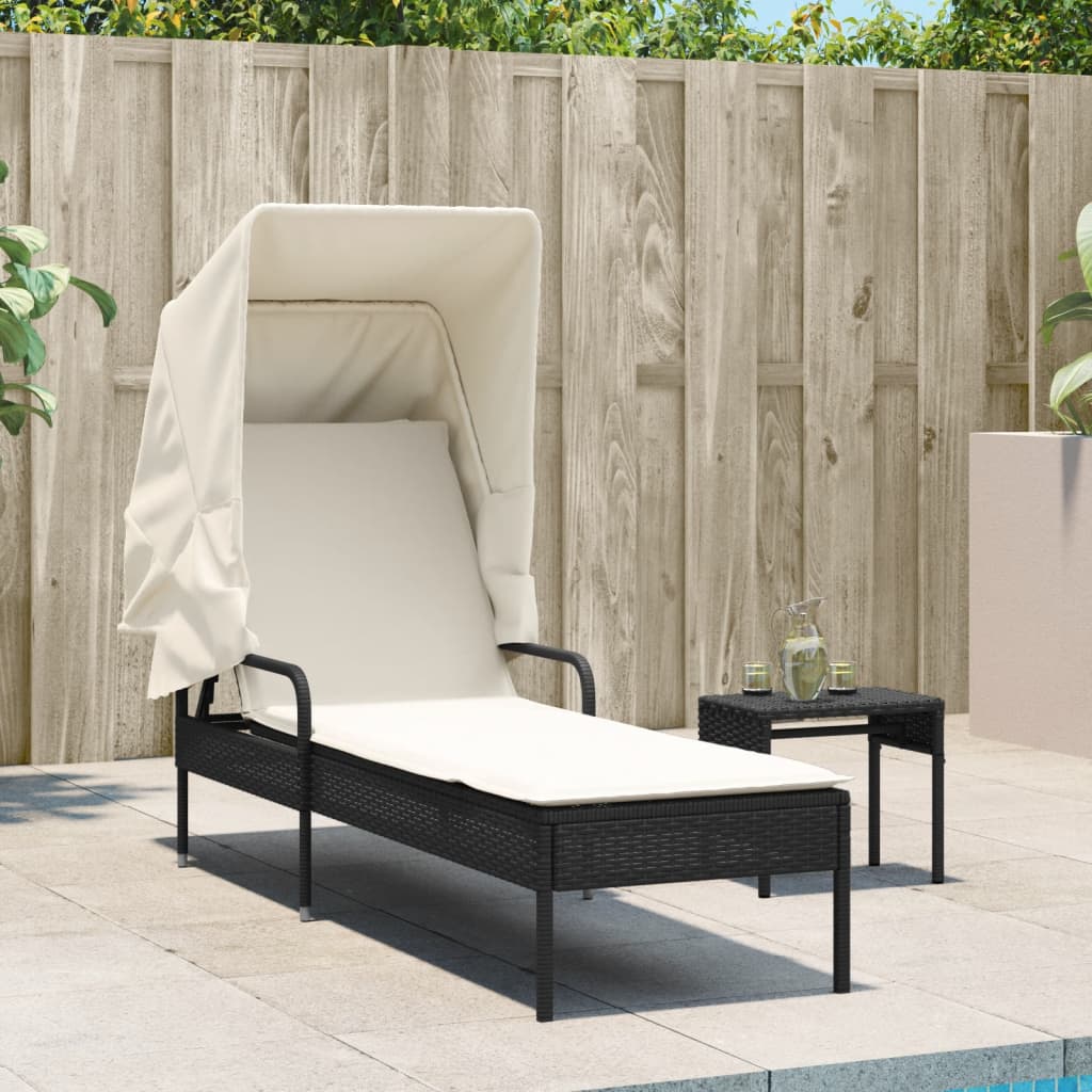 Chaise longue avec auvent et table noir résine tressée