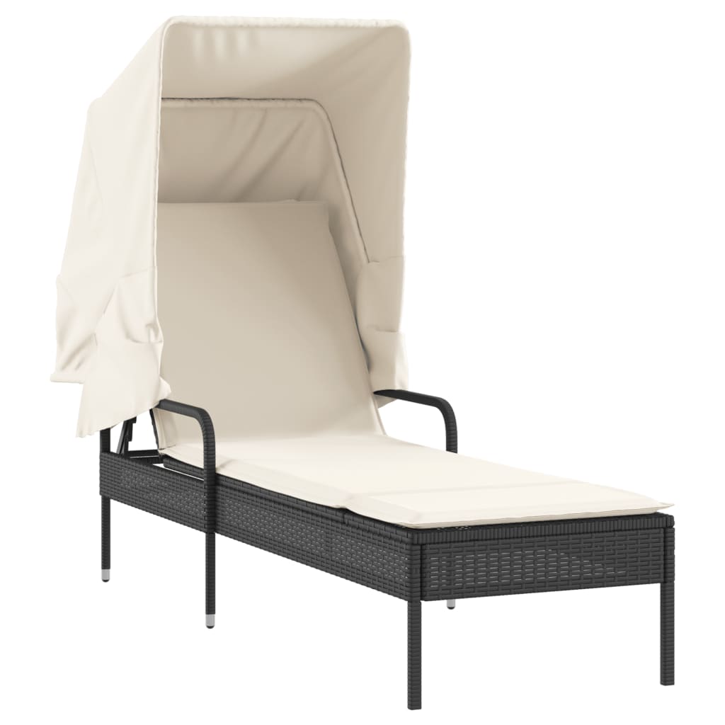 Chaise longue avec auvent et table noir résine tressée