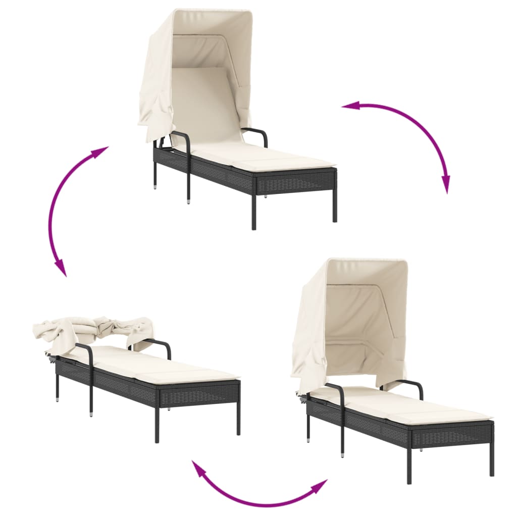 Chaise longue avec auvent et table noir résine tressée