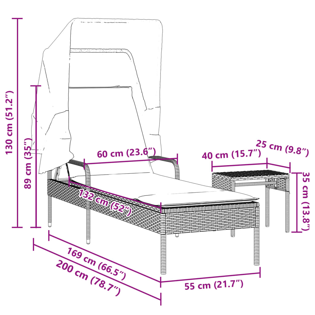 Chaise longue avec auvent et table marron résine tressée