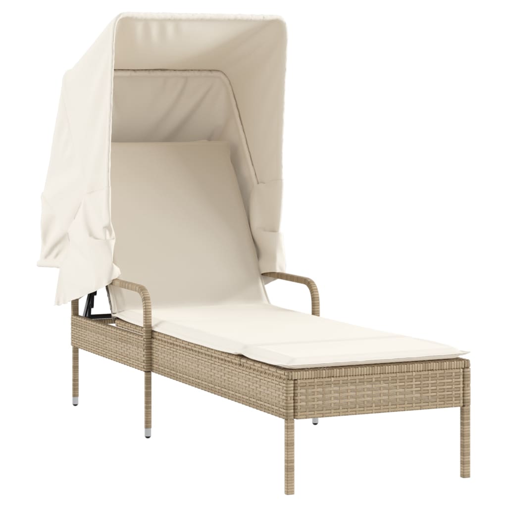 Chaise longue avec auvent et table beige résine tressée