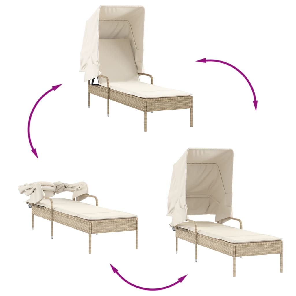 Chaise longue avec auvent et table beige résine tressée
