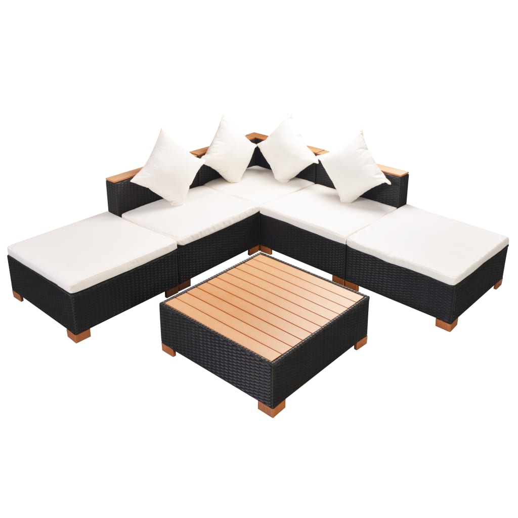 Salon de jardin 6 pcs avec coussins Résine tressée Noir