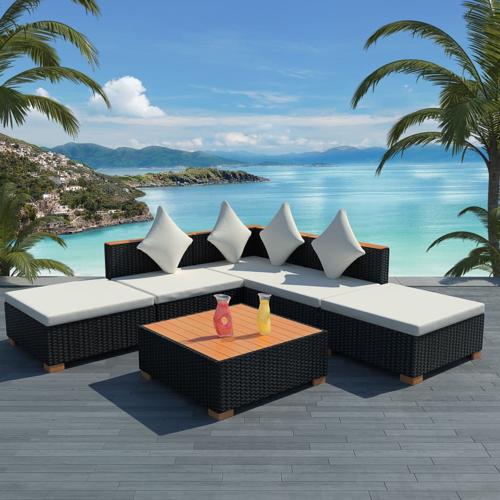 Salon de jardin 6 pcs avec coussins Résine tressée Noir
