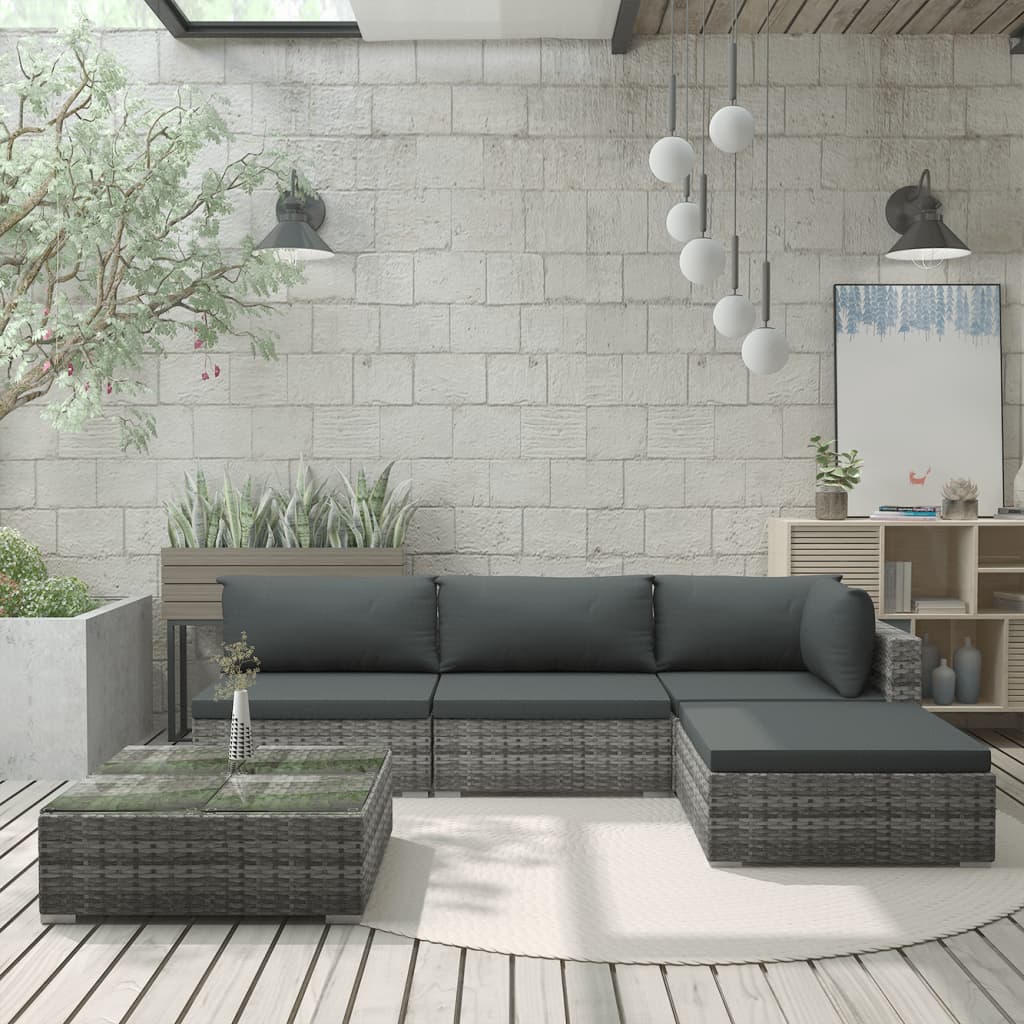 Salon de jardin 5 pcs avec coussins Résine tressée Gris