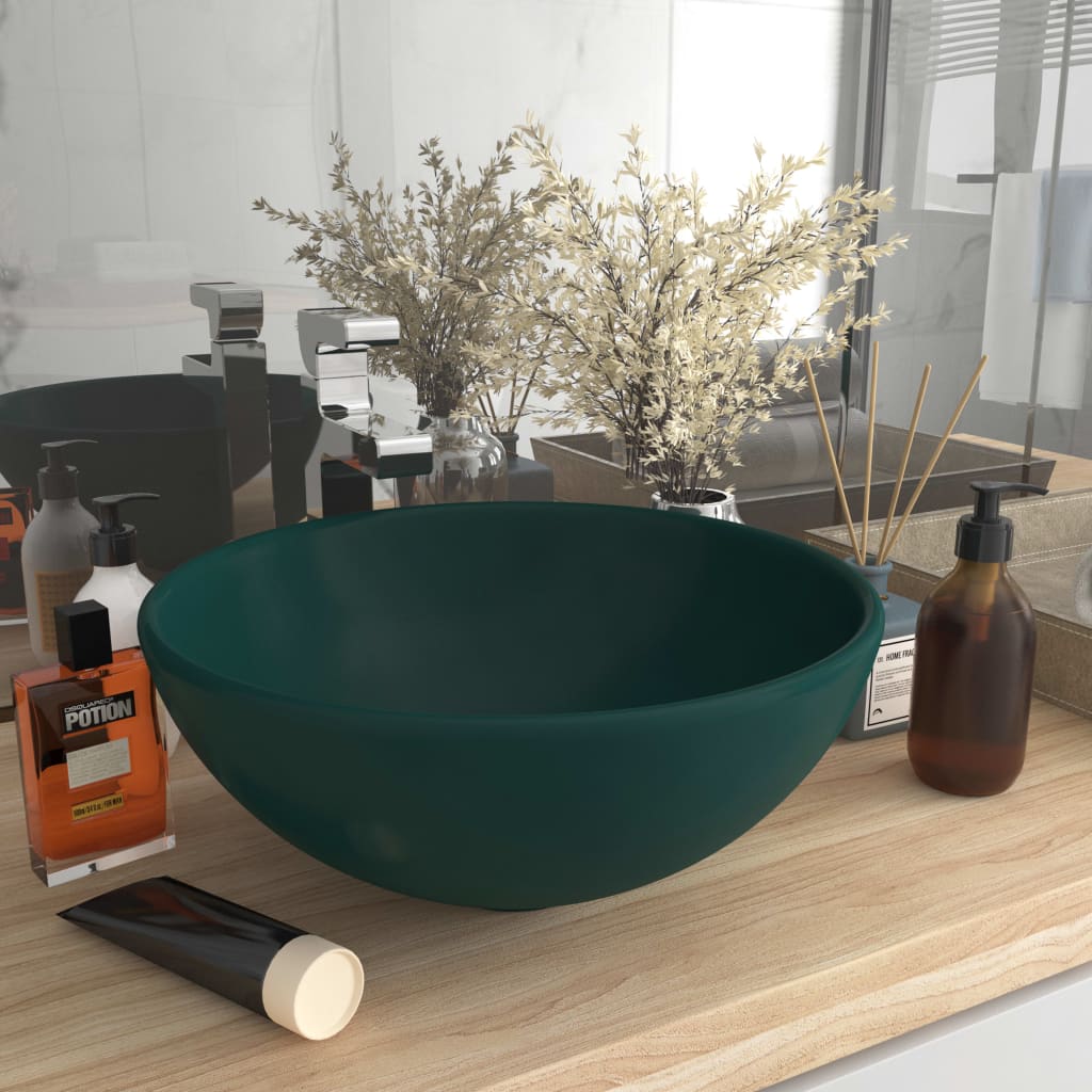 Lavabo rond de salle de bain Vert foncé mat 32,5x14cm Céramique