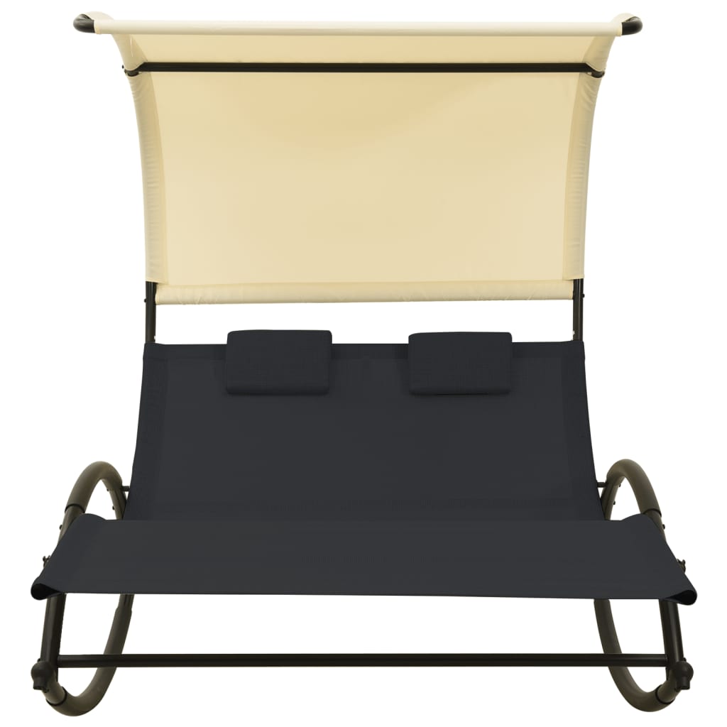 Chaise longue double avec auvent Textilène Noir et crème