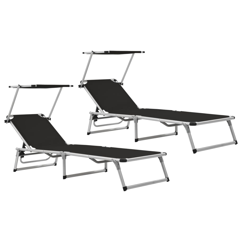 Chaises longues pliables et toit 2 pcs Aluminium textilène Noir