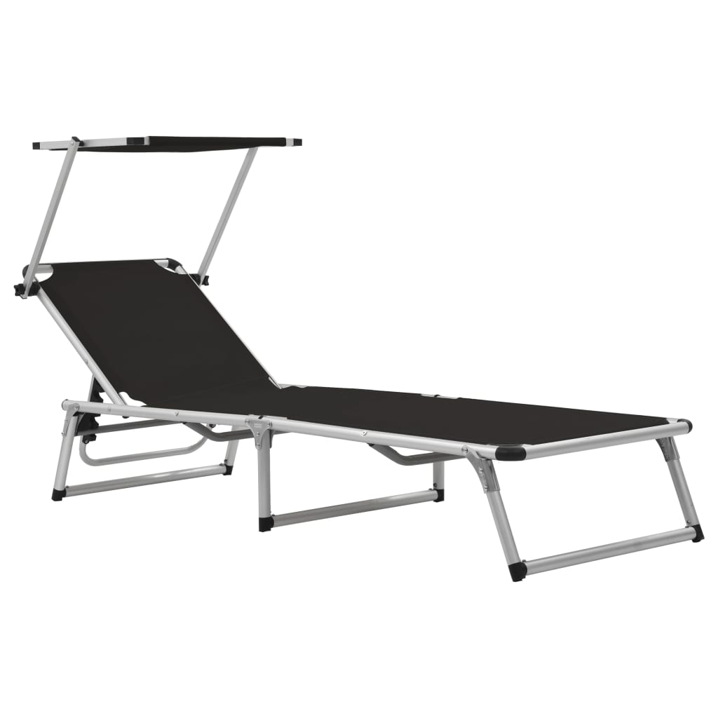 Chaises longues pliables et toit 2 pcs Aluminium textilène Noir
