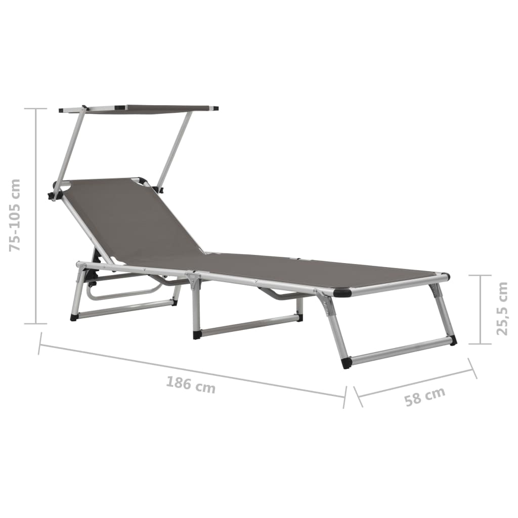 Chaises longues pliables et toit 2 pcs Aluminium textilène Gris