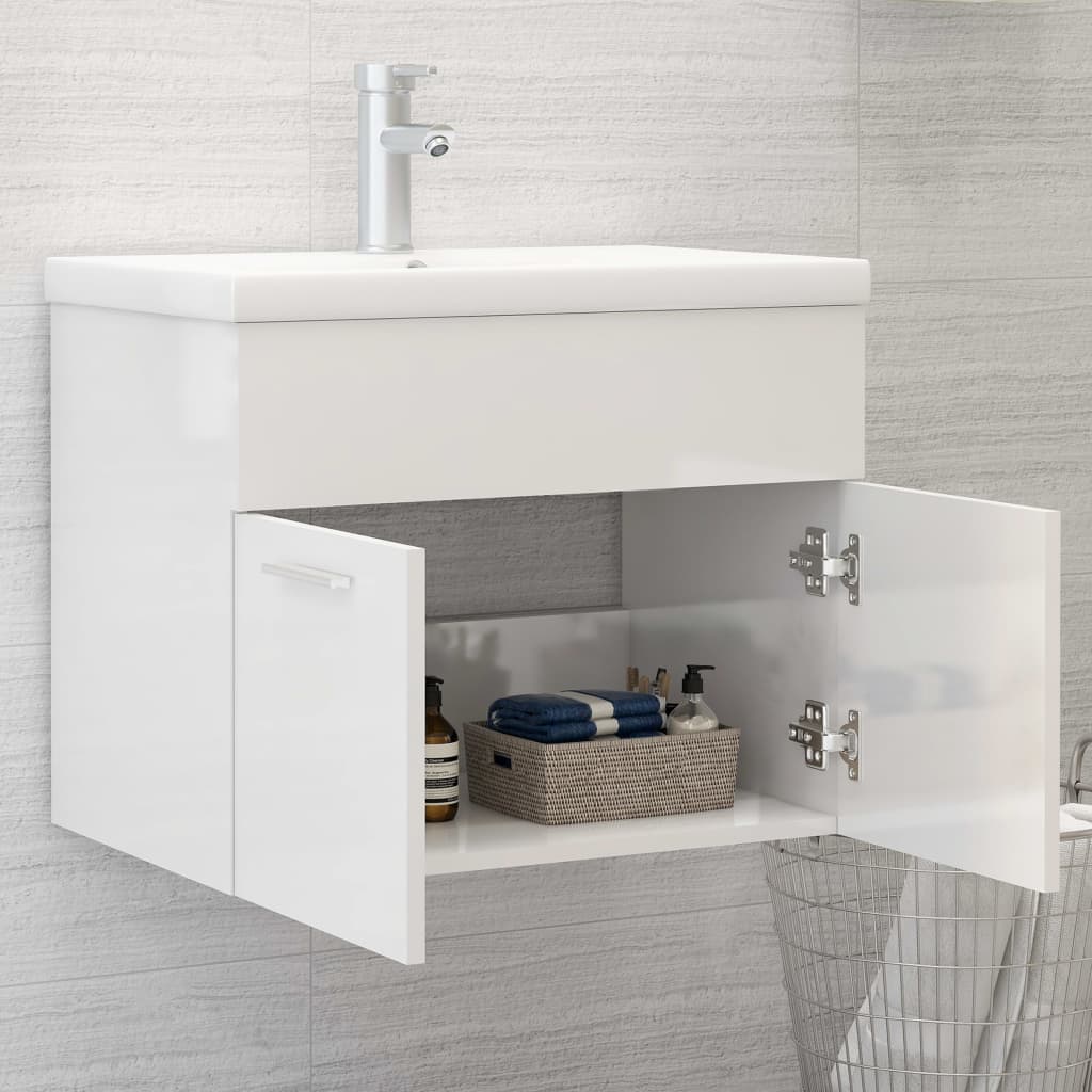 Armoire d'évier Blanc brillant 60x38,5x46 cm Aggloméré