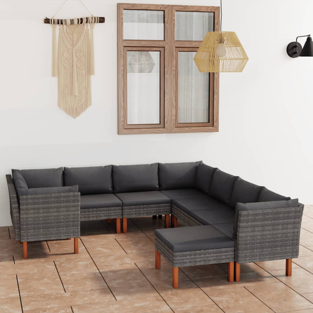 Salon de jardin 9 pcs avec coussins Résine tressée Gris