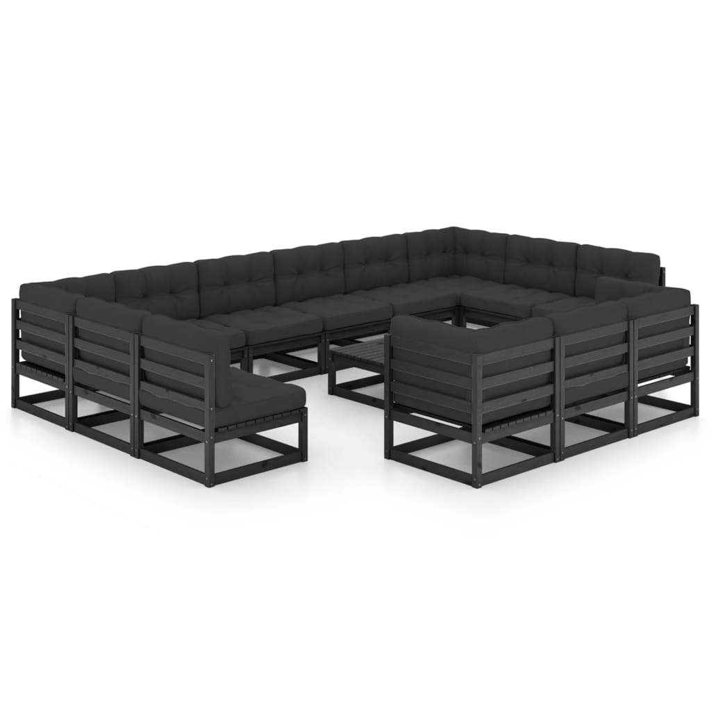 Salon de jardin 14 pcs avec coussins Noir Bois de pin massif