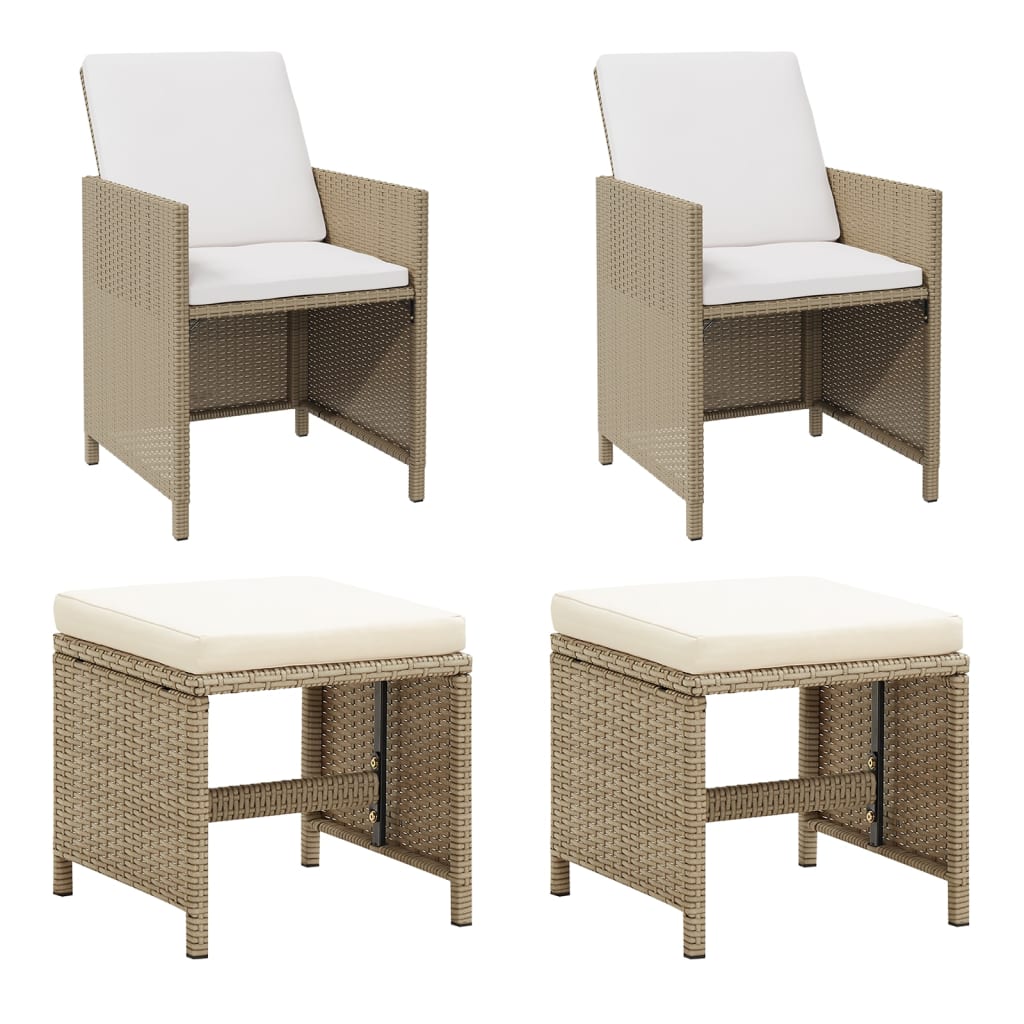 Chaises de jardin avec tabourets 2 pcs Résine tressée Beige