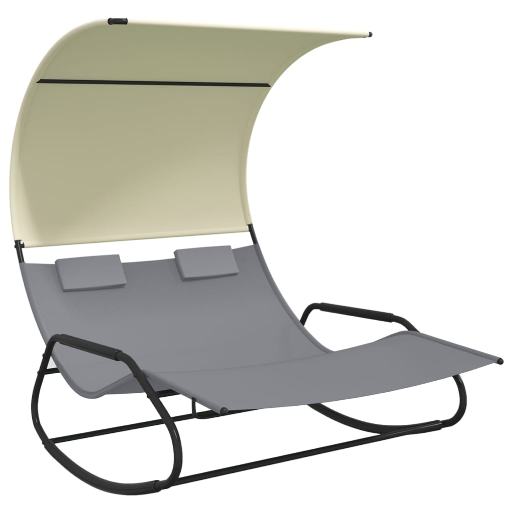 Chaise longue double à bascule avec auvent Gris et crème