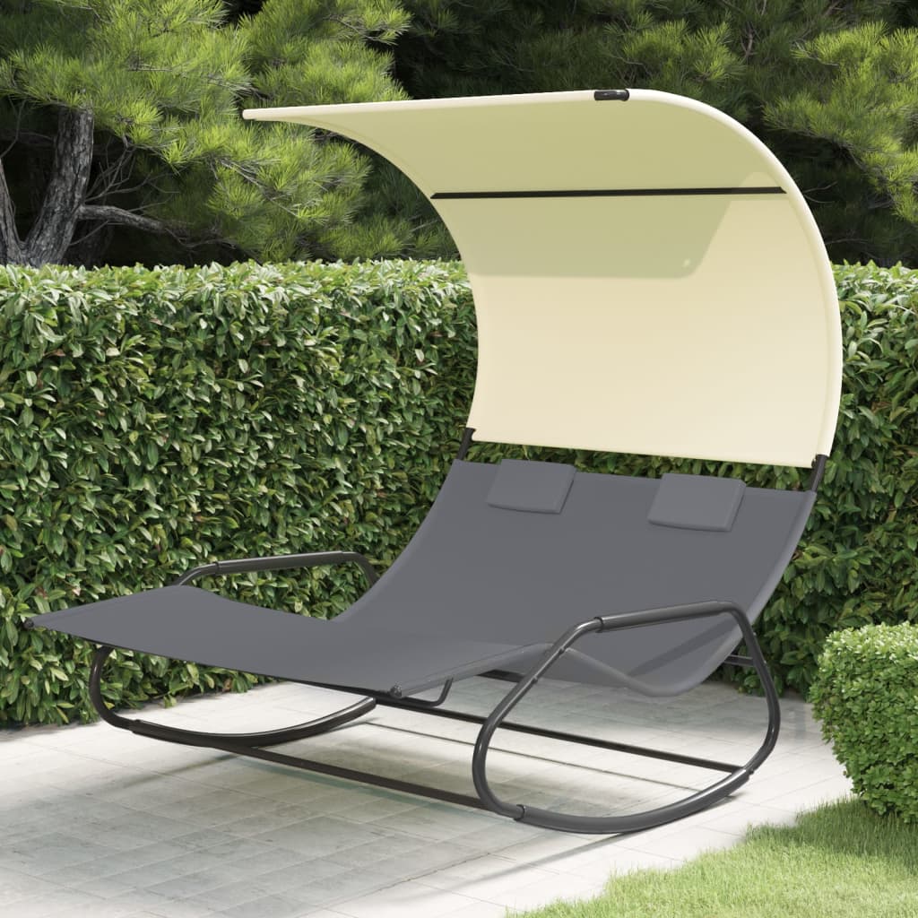 Chaise longue double à bascule avec auvent Gris et crème