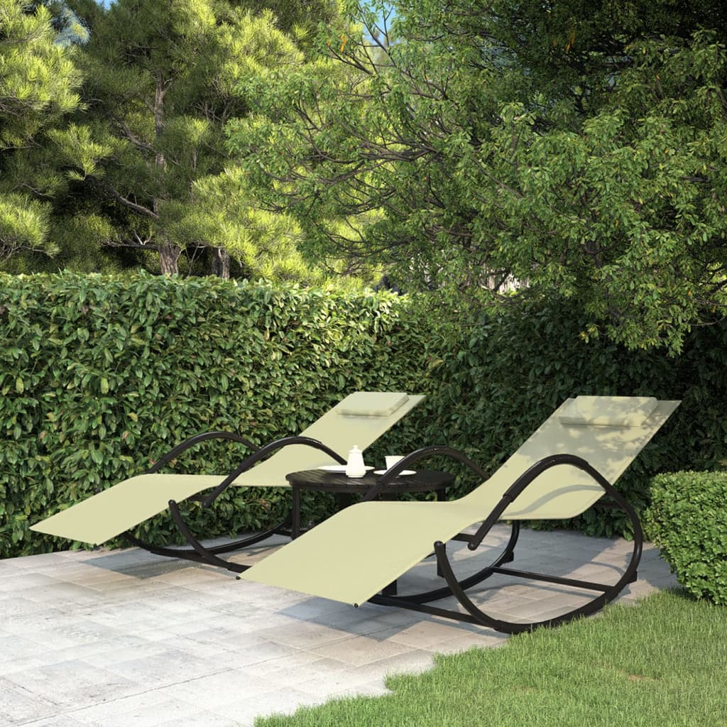 Chaises longues à bascule 2 pcs Crème Acier et textilène