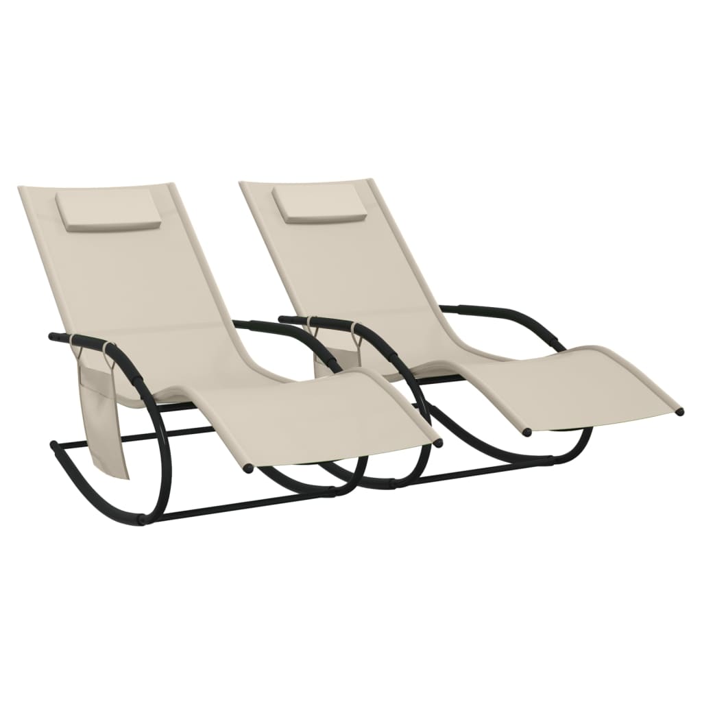 Chaises longues à bascule 2 pcs Crème Acier et textilène