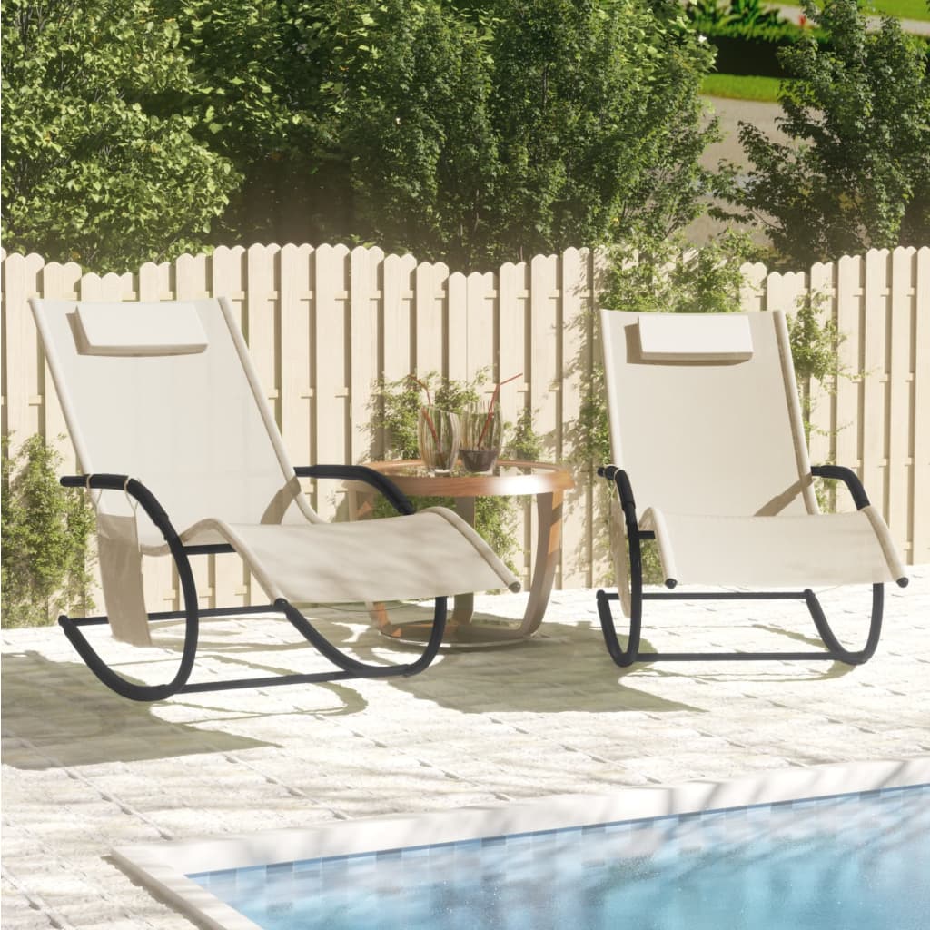 Chaises longues à bascule 2 pcs Crème Acier et textilène