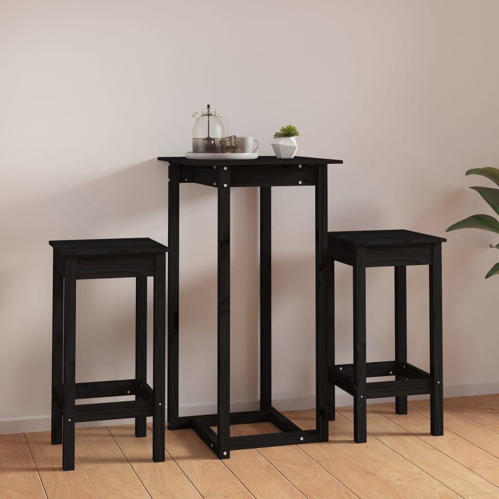 Ensemble de bar 3 pcs Noir Bois de pin massif