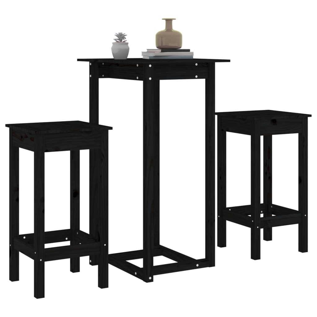 Ensemble de bar 3 pcs Noir Bois de pin massif