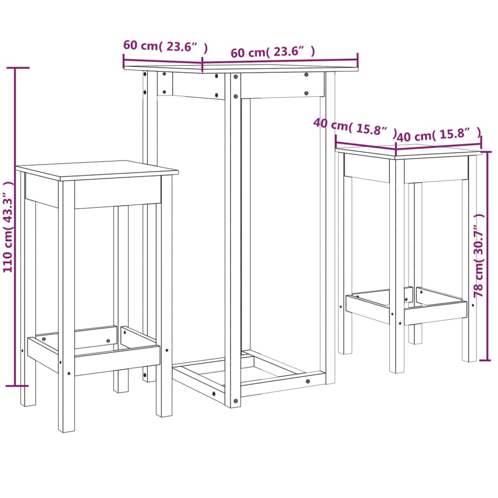 Ensemble de bar 3 pcs Noir Bois de pin massif